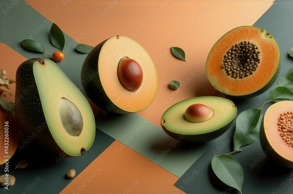 Poster halved avocados and papayas arranged on a geometric background of muted orange and green. surroundin