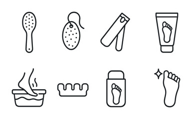 Foot care and pedicure outline icons set – linear style beauty, wellness, and hygiene symbols for spa treatment: foot soak, pumice stone, nail clipper, foot cream, foot brush.