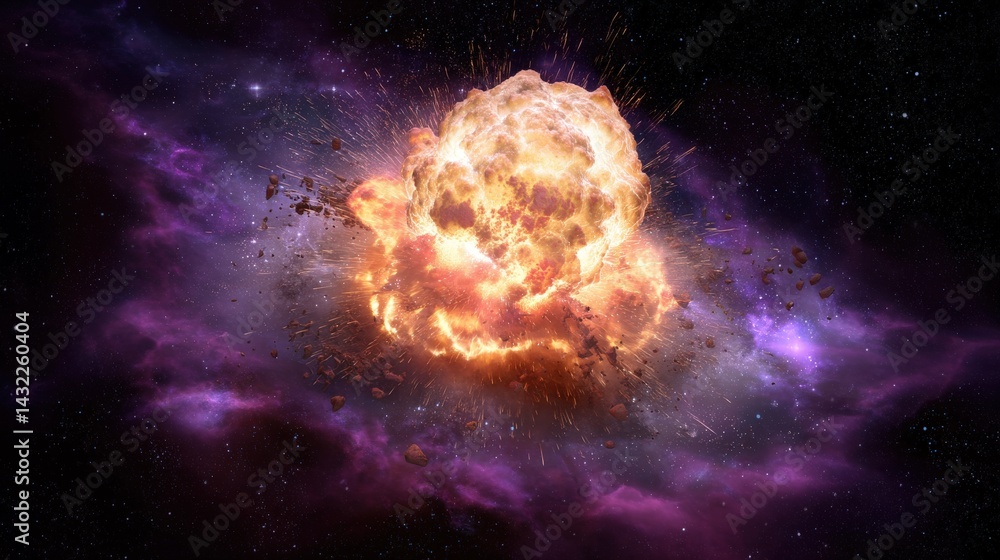 Poster a vibrant explosion in space, surrounded by colorful cosmic clouds and debris, creating a dramatic v