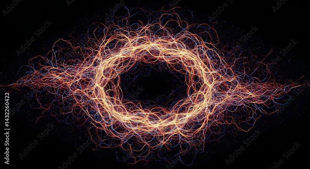 Poster abstract glowing ring with tendrils on black background for a dynamic visual effect and artistic app