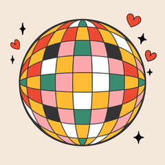 Obraz premium Colorful retro disco ball illustration with checker pattern and floating hearts and sparkles expressing joyful party vibes in 70s style.