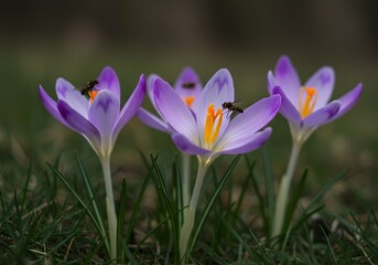 Delicate blush toned blossoms spring saffron flowers emerging amidst verdant ground cover attracting airborne pollinators such Apis mellifera Diptera species springtime awakening captured detailed