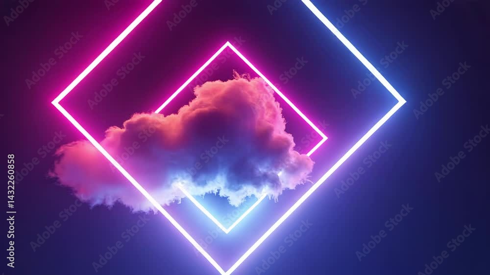 Poster abstract composition with colorful neon lights highlighting a single fluffy cloud against a dark bac