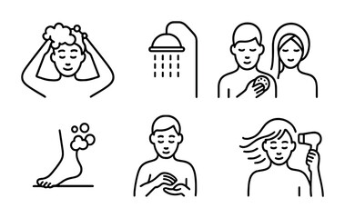 Obraz premium Personal care outline icon set - line style beauty, hygiene, and self-care symbols for daily routines: shower, shampoo, skincare, hairdryer, pedicure, soap, grooming