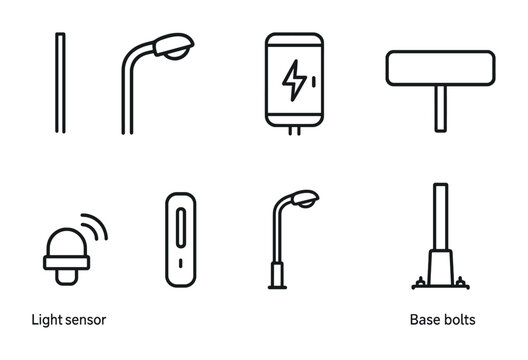 Smart street lighting linear icons set – outline style for urban design and energy efficiency: lamp post, solar panel, battery, light sensor, control box, base bolts, energy meter
