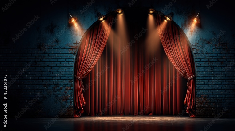 Poster a dramatic stage with red curtains and spotlight in a dimly lit setting, creating an inviting atmosp
