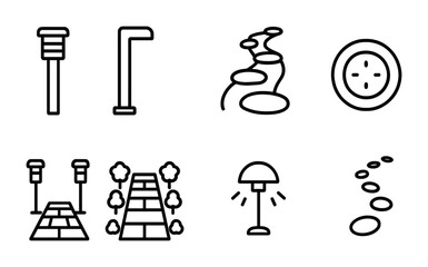 Garden pathway outline icons set – linear style gardening, landscaping, and design symbols for outdoor spaces: lamppost, pathway, stepping stones, compass, stairs
