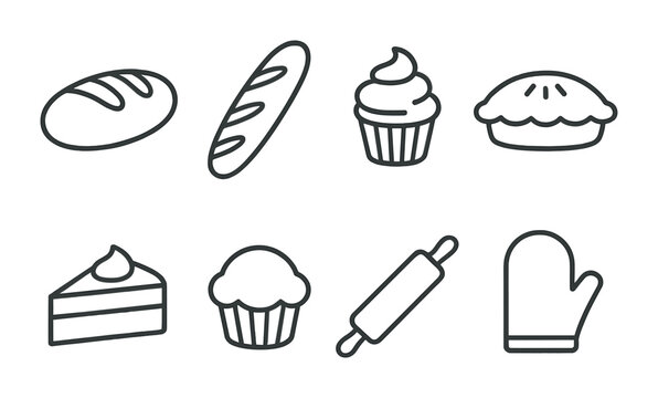 Baking and pastry outline icons set – linear style bakery, dessert, and cooking symbols for culinary design: bread, baguette, cupcake, pie, cake slice, muffin, rolling pin, oven mitt.