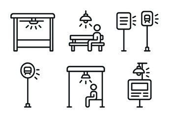 Public transport waiting area icon set – outline style commuter, urban, and passenger symbols for navigation: bench, bus stop, street lamp, timetable, shelter, transit sign.