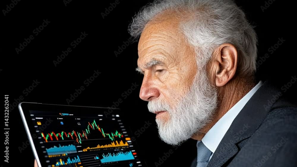 Poster senior businessman analyzing stock market data on tablet with serious expression in professional set