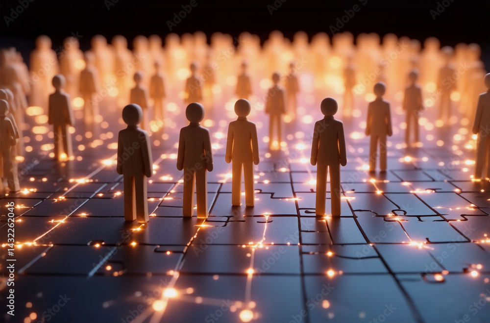 Poster silhouetted figures stand on a glowing grid, representing a network or community. the background blu
