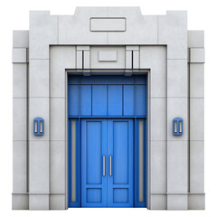 Architectural Building Entrance with Blue Doors and Gray Stone Facade