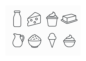 Dairy products icon set – outline style milk, cheese, and yogurt symbols for food design: bottle, cheese, butter, jug, bowl, ice cream, cream bowl