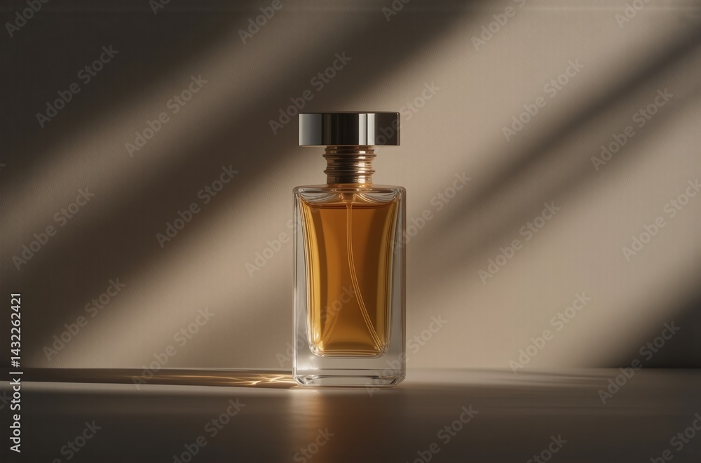Aufkleber a rectangular amber perfume bottle with a silver cap sits on a neutral surface, bathed in dramatic l