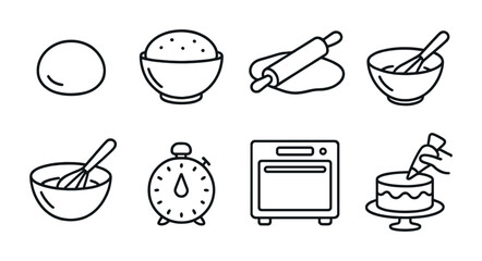 Baking and pastry outline icon set – linear style cooking, baking tools, and dessert preparation symbols: dough, mixing bowl, rolling pin, whisk, timer, oven, cake decorating.