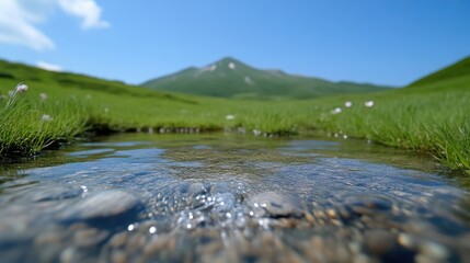 Naklejka premium Crystal-clear mountain stream flowing through a grassy meadow, tranquil alpine scenery