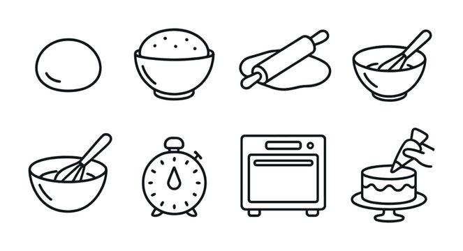 Baking and pastry outline icon set – linear style cooking, baking tools, and dessert preparation symbols: dough, mixing bowl, rolling pin, whisk, timer, oven, cake decorating.