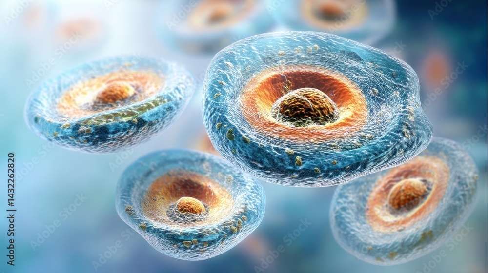 Poster an artistic depiction of cells, showcasing their structure with vibrant colors and intricate details