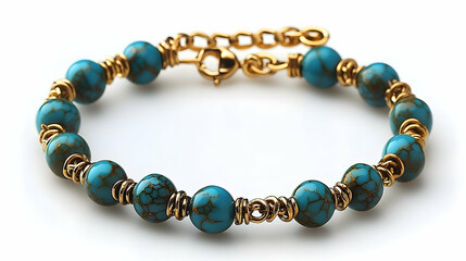Obraz premium Turquoise Bead Bracelet with Golden Accents on a Clean White Bac