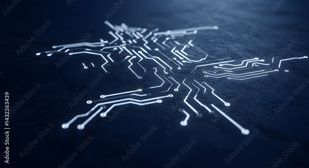 Poster illuminated circuit board pattern resembling a snowflake on a dark blue textured background
