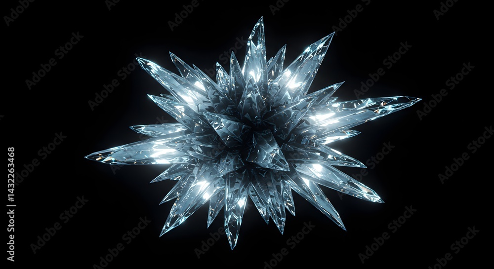 Poster close up of a spiky crystal formation with sharp edges against a dark black background showing light