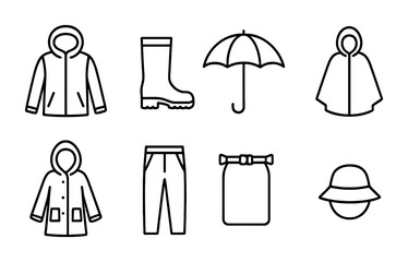 Rainy day clothing icons &ndash; outline style set for weather, fashion, and apparel visualization: raincoat, boots, umbrella, poncho, jacket, pants, belt, hat.
