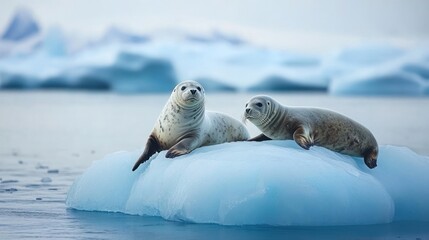 Charming arctic scene featuring a pair of seals basking on a serene iceberg floating in icy waters