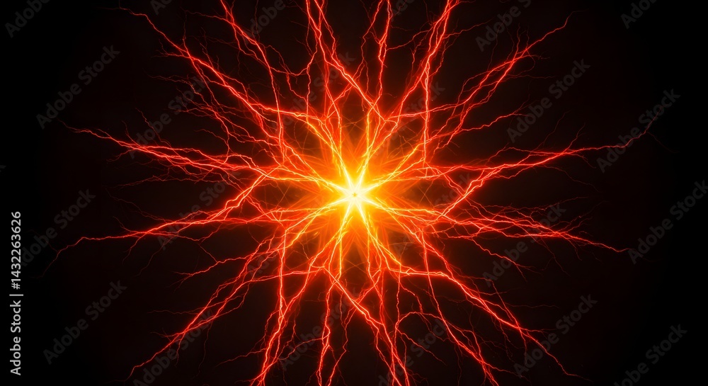 Poster a bright orange starburst with red lightning emanating from it on a dark black background design eff