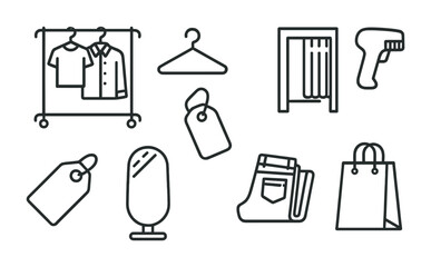 Retail and fashion outline icons set – linear style shopping, apparel, and boutique symbols for design: clothing rack, hanger, fitting room, price tag, mirror, jeans, shopping bag.