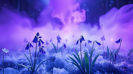 beautiful bluebells flower on the icy background, created by generative ai