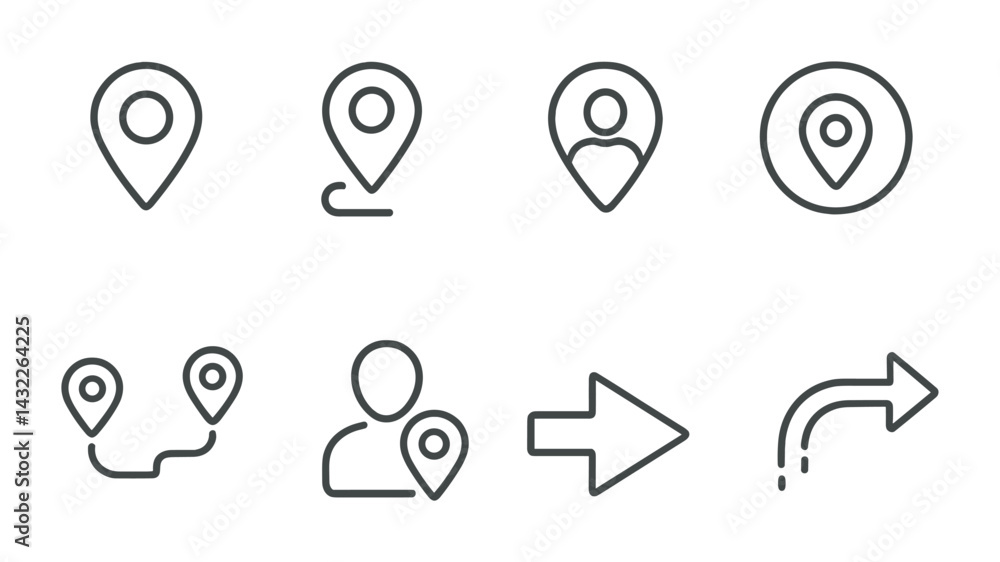 Poster navigation and location icons set – outline style maps, gps, and directions for travel guides: locat