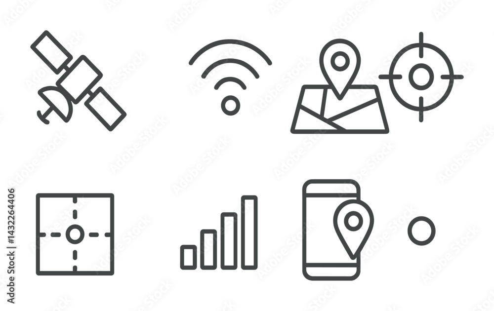 Poster navigation and gps outline icons set – linear style mapping, tracking, and technology symbols for lo