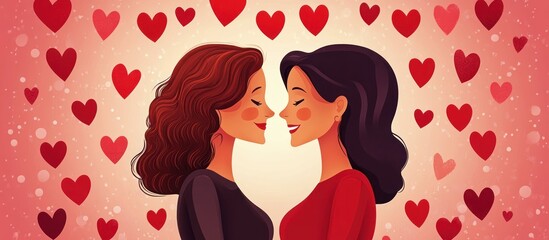 Two women in love, celebrated with hearts, embodying same-sex relationship and affinity