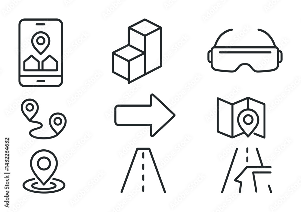 Poster navigation and mapping outline icon set – linear guide, direction, and gps symbols for journey plann