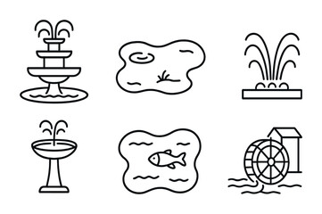 Garden and water feature outline icons set – linear style for landscaping, decoration, and nature: fountain, pond, waterwheel, fishpond, birdbath, sprinkler system