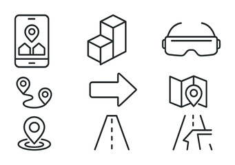Navigation and mapping outline icon set – linear guide, direction, and gps symbols for journey planning: smartphone, cubes, vr glasses, location, map, arrow, road