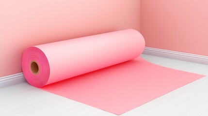 Pink flooring roll unfurled in a corner.