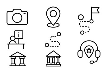 Travel and navigation outline icons set &ndash; linear style tourism, wayfinding, and exploration symbols for easy mapping: camera, location pin, route, flag, information desk, headset, museum.