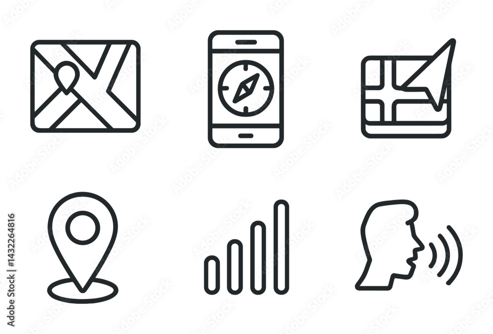 Aufkleber navigation and communication icon set – outline style gps, digital, and location symbols for directi