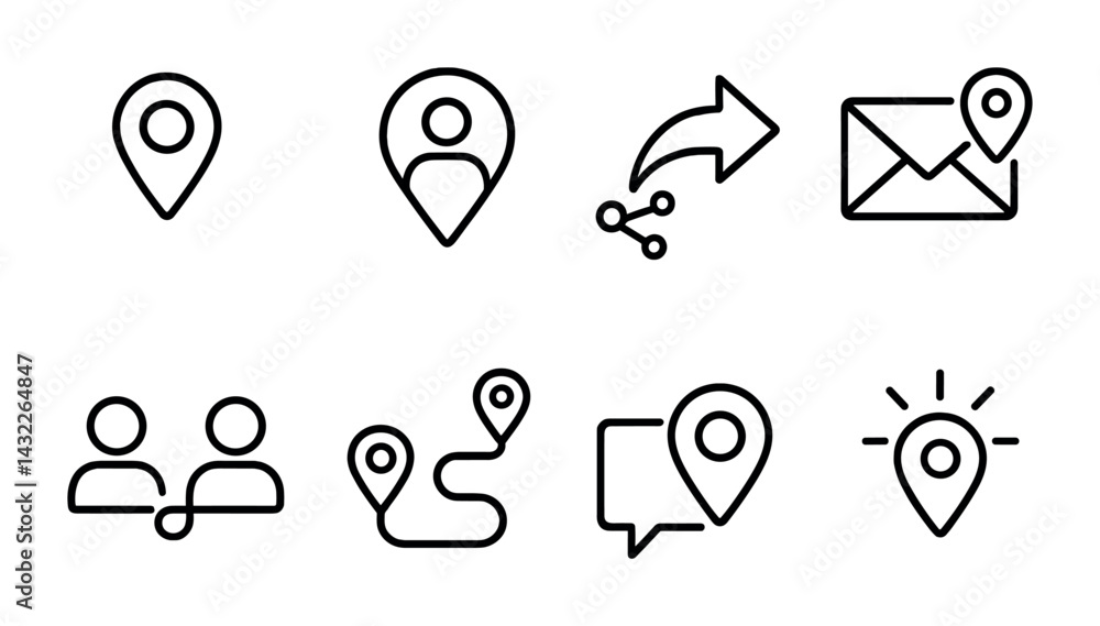 Poster location and navigation outline icon set – linear style gps, map marker, and direction symbols for t