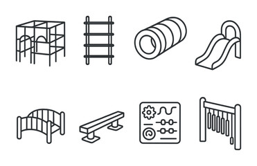 Children's playground outline icon set – linear play equipment, outdoor fun, and park elements for kids' area design: jungle gym, ladder, slide, bridge, tunnel, balance beam, musical bars