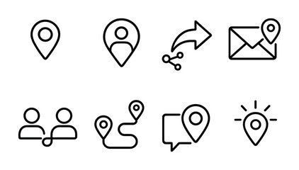 Location and navigation outline icon set &ndash; linear style gps, map marker, and direction symbols for travel apps: pin, user location, share, email, people, route, chat, sun