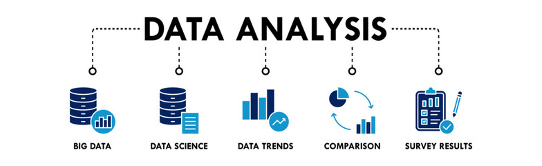 Data Analysis banner web icon illustration concept with icon of big data, data science, data trends, comparison, and survey results