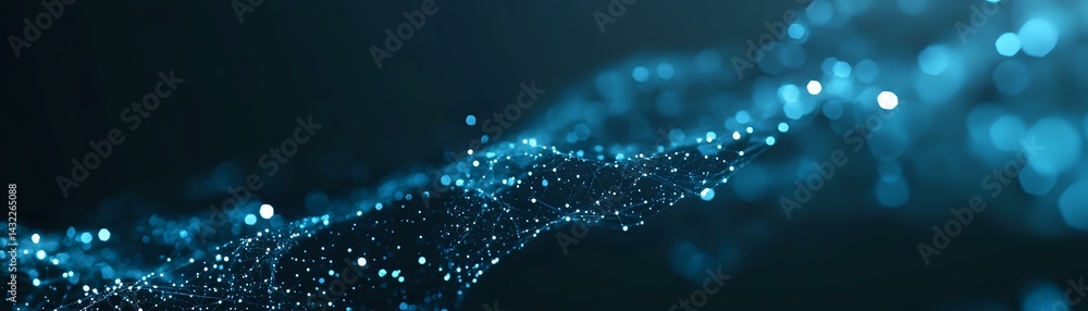 Poster abstract blue glowing particles wave with bokeh effect on dark background, digital network data visu