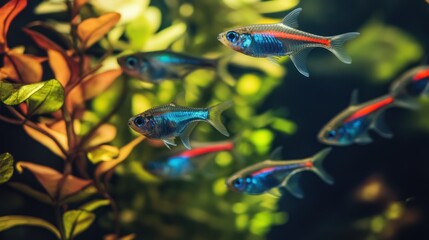 Fototapeta premium Captivating school of neon tetra fish swimming gracefully in a lush planted aquarium