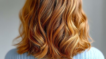 Fototapeta premium Wavy blonde and copper balayage hair styled in soft curls shown from behind against light background, demonstrating modern hair coloring technique.