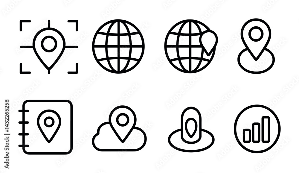 Poster location and navigation outline icons set – line style gps, maps, and wayfinding symbols for travel 