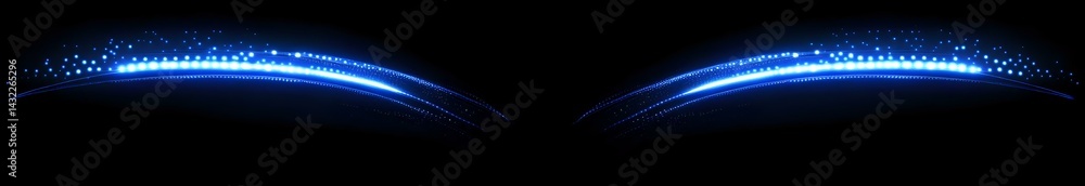 Poster glowing blue light trails forming symmetrical curved lines with sparkling particles against black ba