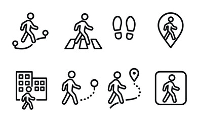 Urban navigation icons set – outline style journey, pedestrian, and location symbols for city maps: walking path, pedestrian, footsteps, location pin, walking trail.