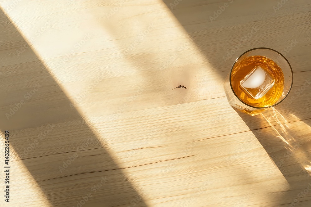 Poster glass of whiskey with ice cube on wooden table casting dramatic diagonal shadows in sunlight, creati